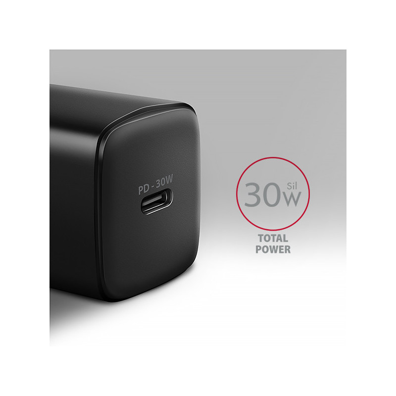 AXAGON ACU-PD30, Sil nabíjačka do siete 30W, 1x port USB-C, PD3.0/PPS/QC4+/SFC/AFC/Apple, čierna