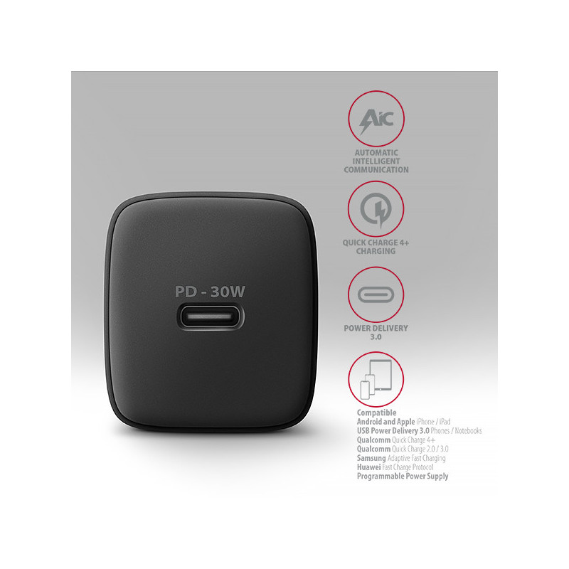 AXAGON ACU-PD30, Sil nabíjačka do siete 30W, 1x port USB-C, PD3.0/PPS/QC4+/SFC/AFC/Apple, čierna