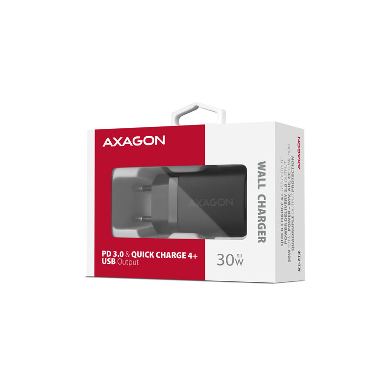AXAGON ACU-PD30, Sil nabíjačka do siete 30W, 1x port USB-C, PD3.0/PPS/QC4+/SFC/AFC/Apple, čierna