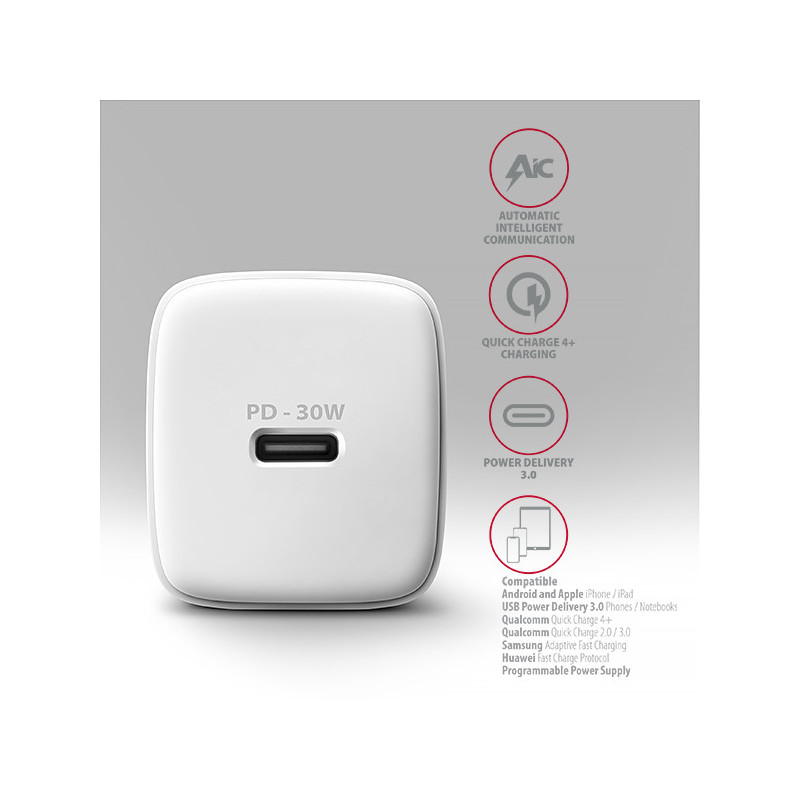 AXAGON ACU-PD30W, Sil nabíjačka do siete 30W, 1x port USB-C, PD3.0/PPS/QC4+/SFC/AFC/Apple, biela