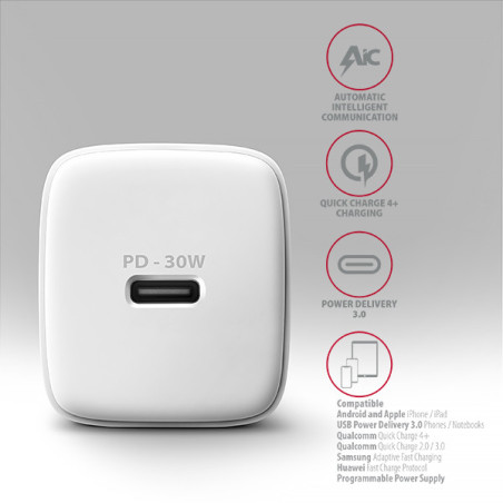 AXAGON ACU-PD30W, Sil nabíjačka do siete 30W, 1x port USB-C, PD3.0/PPS/QC4+/SFC/AFC/Apple, biela