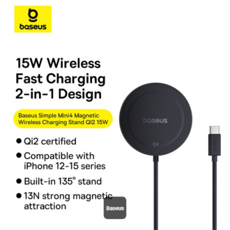 Baseus bezdrôtová nabíjacia magnetická podložka Simple Mini4 Qi2 15W čierna