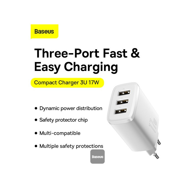 Baseus nabíjačka do siete Compact 3xUSB 17W biela