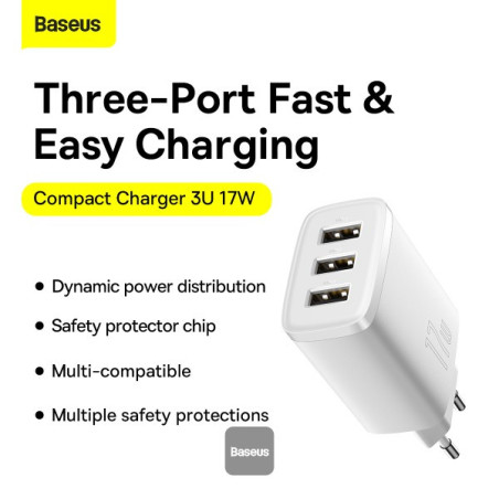 Baseus nabíjačka do siete Compact 3xUSB 17W biela