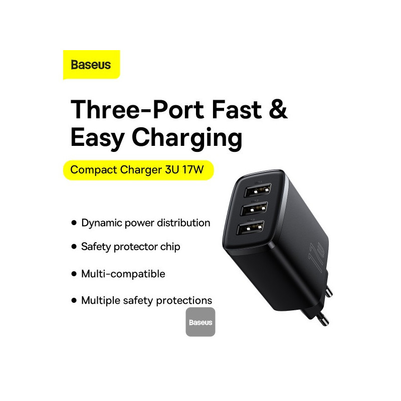 Baseus nabíjačka do siete Compact 3xUSB 17W čierna
