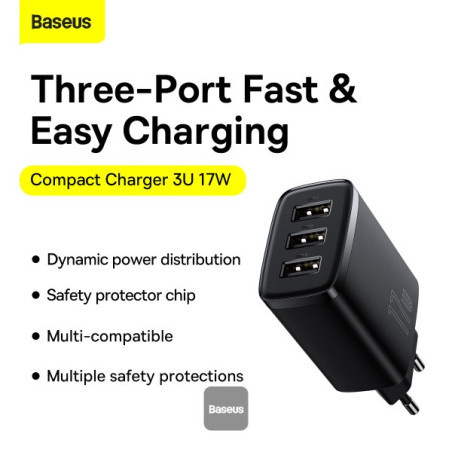 Baseus nabíjačka do siete Compact 3xUSB 17W čierna