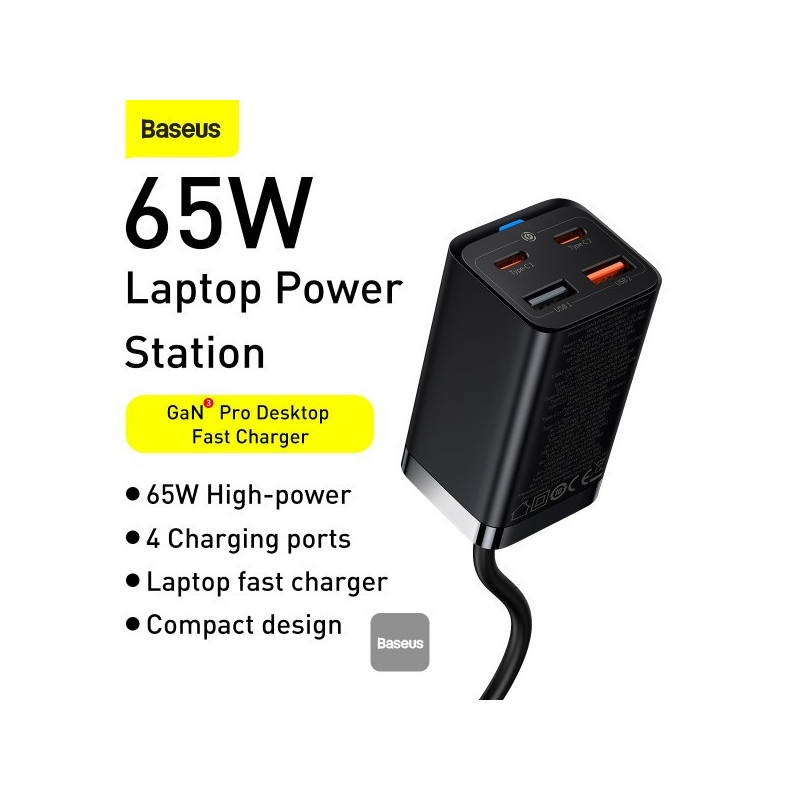 Baseus rýchlonabíjačka do siete GaN3 Pro, 2x USB-C, 2x USB 65W čierna
