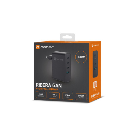 Univerzálna USB nabíjačka Natec GaN 100W, 3X USB-C, 1X USB-A, Čierna