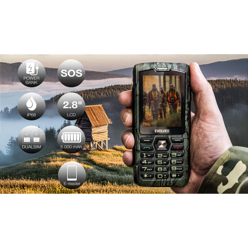 EVOLVEO StrongPhone H1, vodotesný odolný Dual SIM telefón, lovecká kamufláž