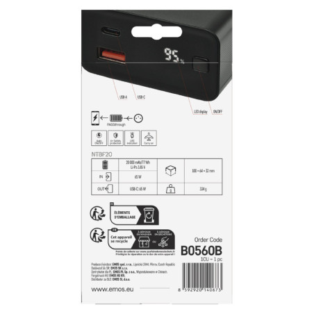 EMOS PWB NTBF20 20000 MAH 65W PD 1×USB-C 1×USB-A