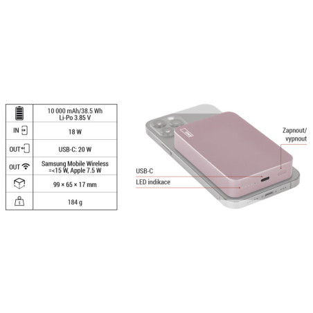 EMOS POWERBANKA WI1046, bezdrôtové nabíjanie 20W, 10.000mAh, LOSOSOVÁ, 1xUSB-C