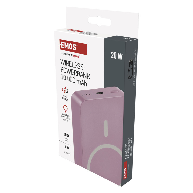EMOS POWERBANKA WI1046, bezdrôtové nabíjanie 20W, 10.000mAh, LOSOSOVÁ, 1xUSB-C