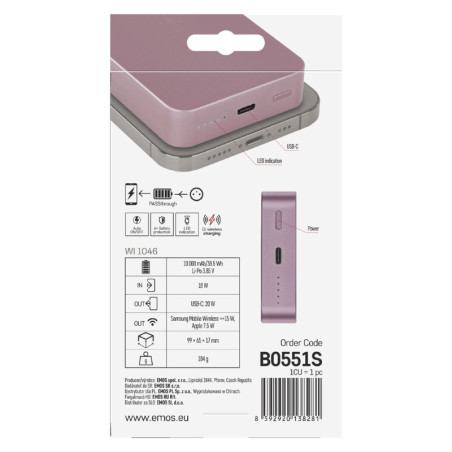 EMOS POWERBANKA WI1046, bezdrôtové nabíjanie 20W, 10.000mAh, LOSOSOVÁ, 1xUSB-C