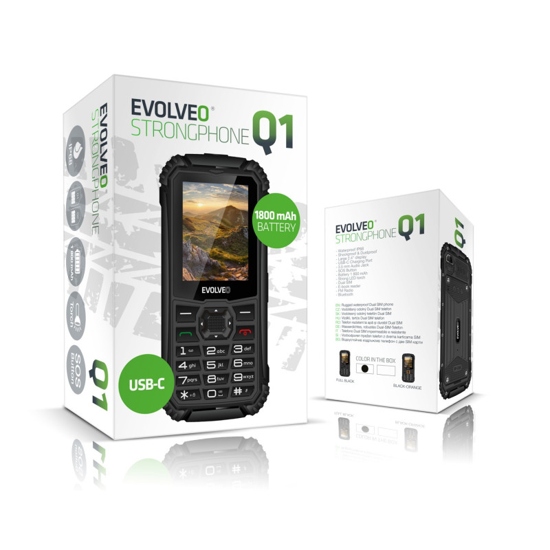 EVOLVEO StrongPhone Q1, vodotesný odolný Dual SIM telefón, čierny