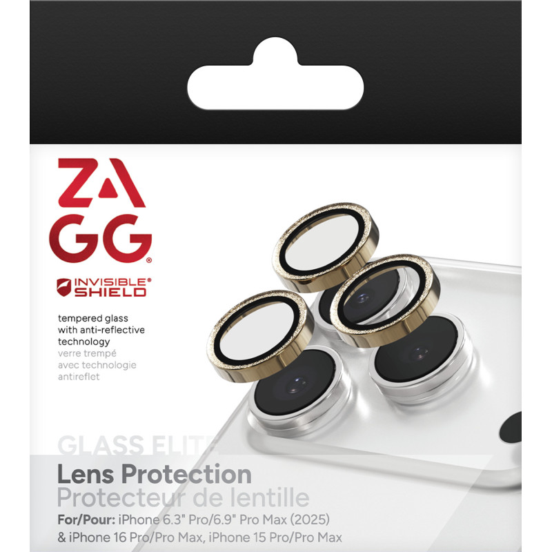 ZAGG Ochranná šošovka pre Apple iPhone 17 Pro/Pro Max/16 Pro/Pro Max/15 Pro/Pro Max - zlatá trblietka