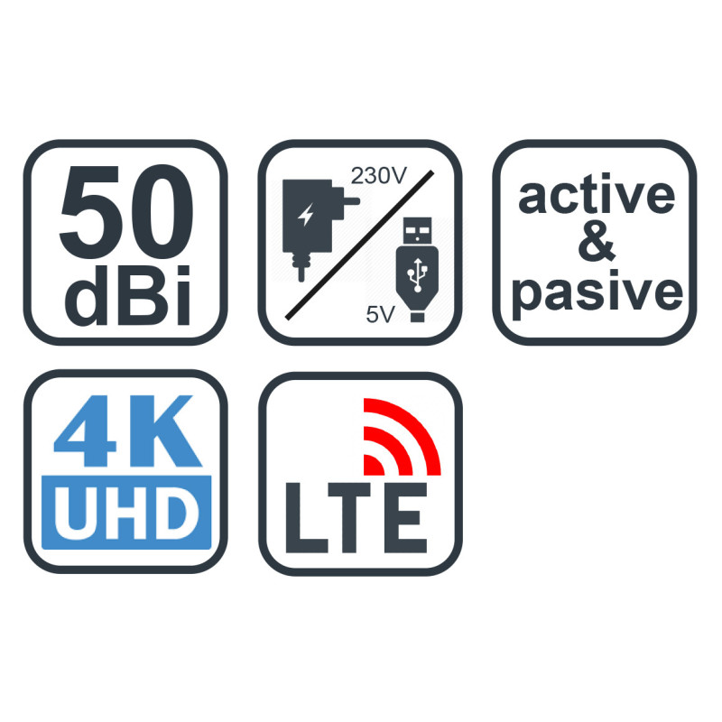 EVOLVEO Xany 1, 230/5V, aktívna izbová anténa DAB+/DVB-T2, filter LTE,4G,5G