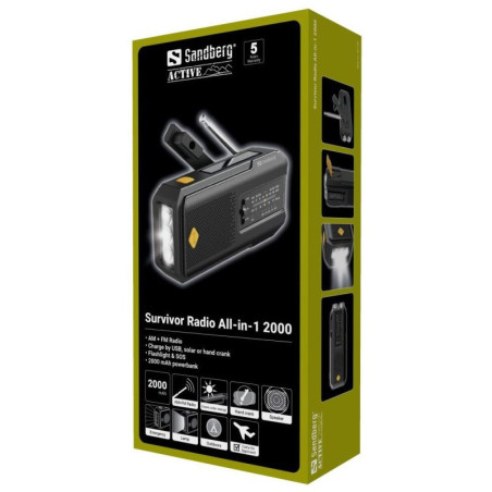 Sandberg Surviovor All-in-1 2000 mAh, FM/AM rádio s ďalšími funkciami, čierna