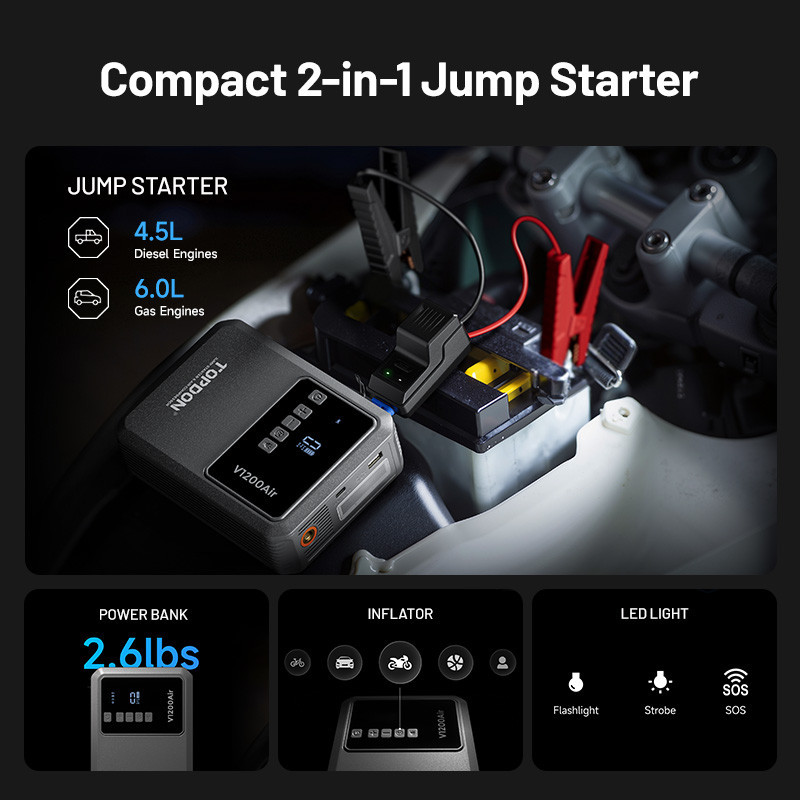 TOPDON Car Jump Starter Jump Surge V1200air/10000mAh/1200A/6,0l benzín/4,5l nafta