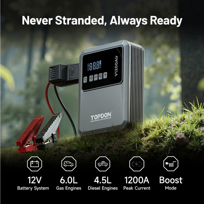 TOPDON Car Jump Starter Jump Surge V1200air/10000mAh/1200A/6,0l benzín/4,5l nafta