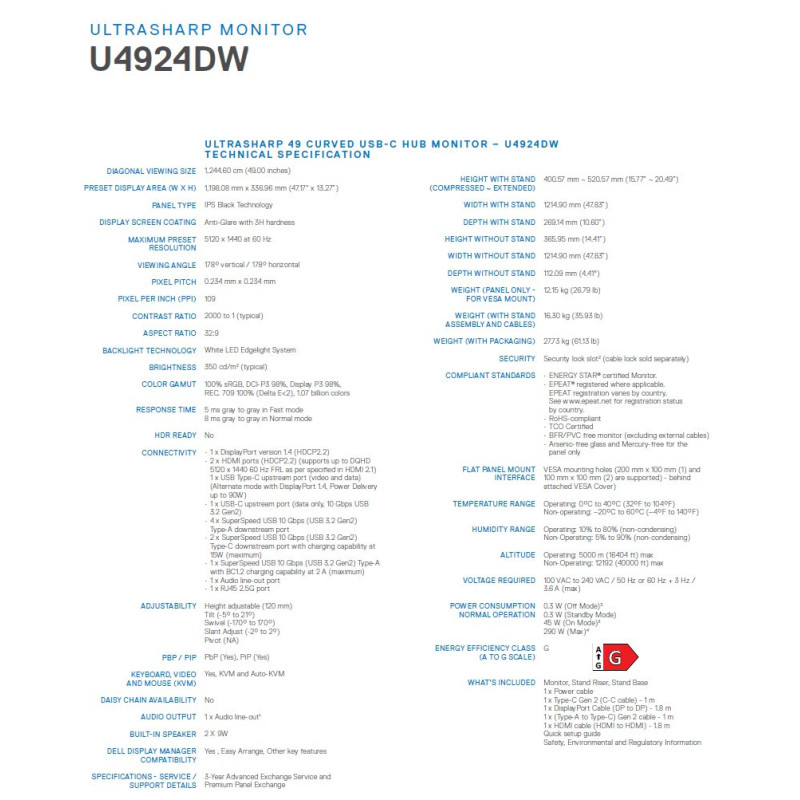 Dell UltraSharp/U4924DW/49"/IPS/5120x1440/60Hz/5ms/Black/3R