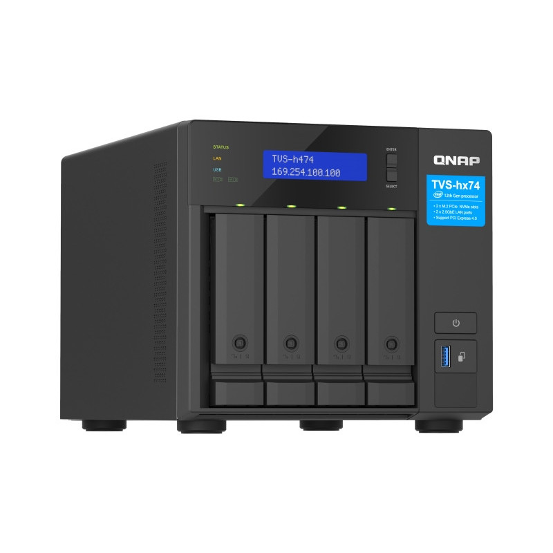 QNAP TVS-h474-PT-8G (2core 3,7 GHz, ZFS, 8 GB RAM, 4x SATA, 2x M.2 NVMe, 2x PCIe, 2x 2,5GbE, 1x HDMI)