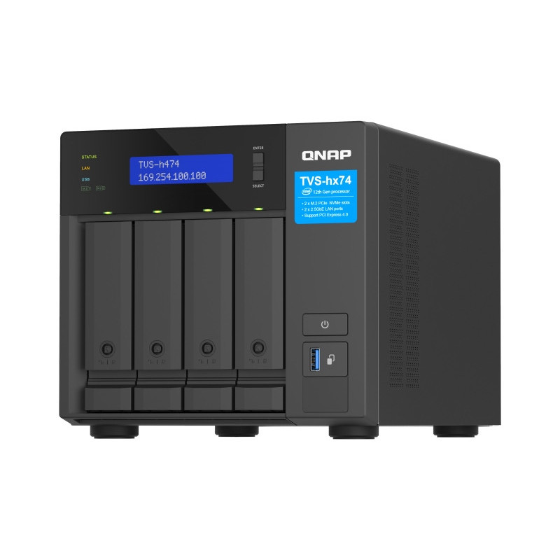 QNAP TVS-h474-PT-8G (2core 3,7 GHz, ZFS, 8 GB RAM, 4x SATA, 2x M.2 NVMe, 2x PCIe, 2x 2,5GbE, 1x HDMI)