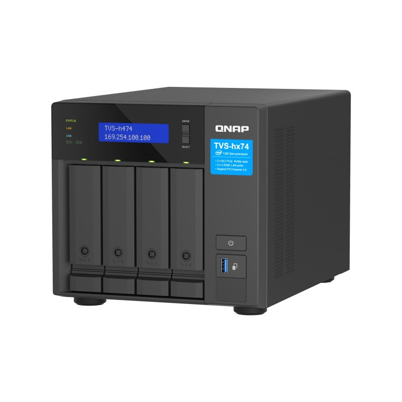 QNAP TVS-h474-PT-8G (2core 3,7 GHz, ZFS, 8 GB RAM, 4x SATA, 2x M.2 NVMe, 2x PCIe, 2x 2,5GbE, 1x HDMI)