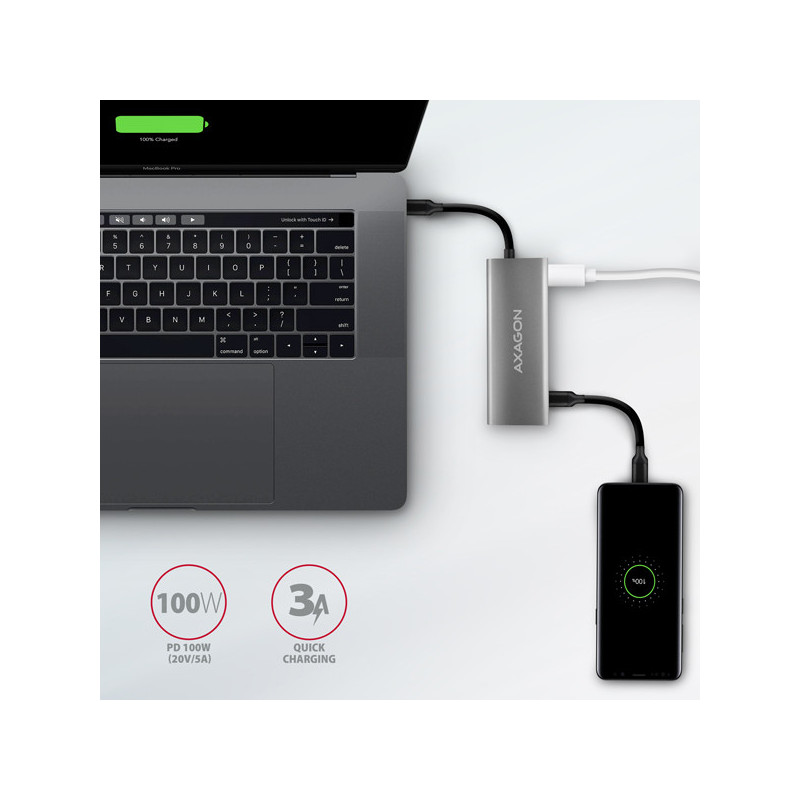AXAGON HMC-5G2, USB 10Gbps hub, porty 2x USB-A, 2x USB-C, HDMI 4k/60, PD 100W, kábel USB-C 13cm