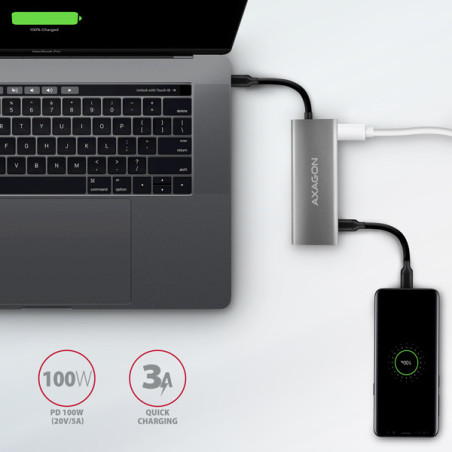 AXAGON HMC-5G2, USB 10Gbps hub, porty 2x USB-A, 2x USB-C, HDMI 4k/60, PD 100W, kábel USB-C 13cm