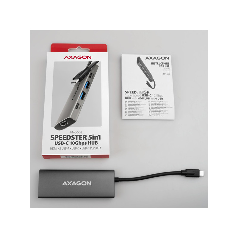 AXAGON HMC-5G2, USB 10Gbps hub, porty 2x USB-A, 2x USB-C, HDMI 4k/60, PD 100W, kábel USB-C 13cm