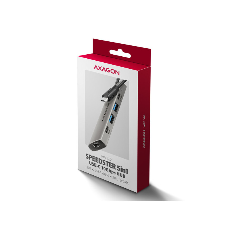 AXAGON HMC-5G2, USB 10Gbps hub, porty 2x USB-A, 2x USB-C, HDMI 4k/60, PD 100W, kábel USB-C 13cm