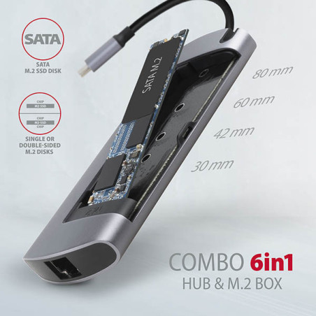 AXAGON HMC-6M2, USB 3.2 Gen 1 hub, 2x USB-A, HDMI, RJ-45 GLAN, SATA M.2, PD 100W, kábel USB-C 18cm
