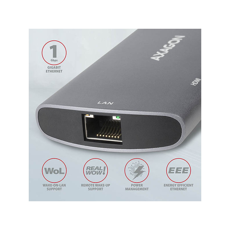 AXAGON HMC-6M2, USB 3.2 Gen 1 hub, 2x USB-A, HDMI, RJ-45 GLAN, SATA M.2, PD 100W, kábel USB-C 18cm