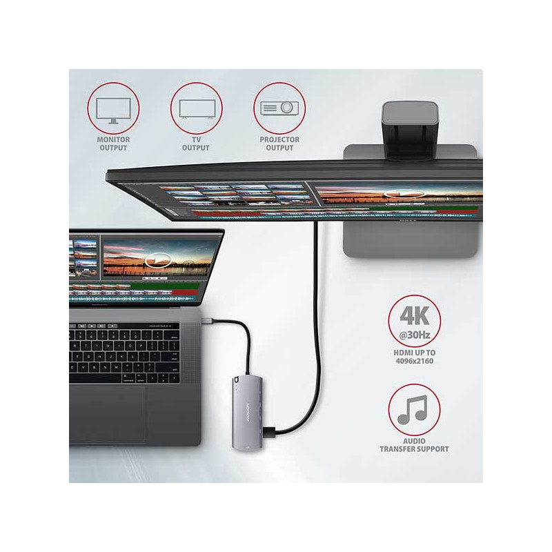 AXAGON HMC-6M2, USB 3.2 Gen 1 hub, 2x USB-A, HDMI, RJ-45 GLAN, SATA M.2, PD 100W, kábel USB-C 18cm