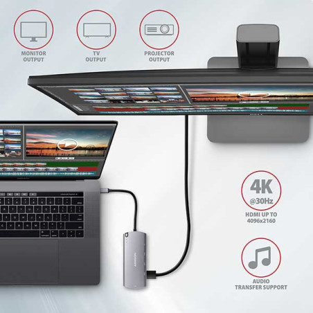 AXAGON HMC-6M2, USB 3.2 Gen 1 hub, 2x USB-A, HDMI, RJ-45 GLAN, SATA M.2, PD 100W, kábel USB-C 18cm