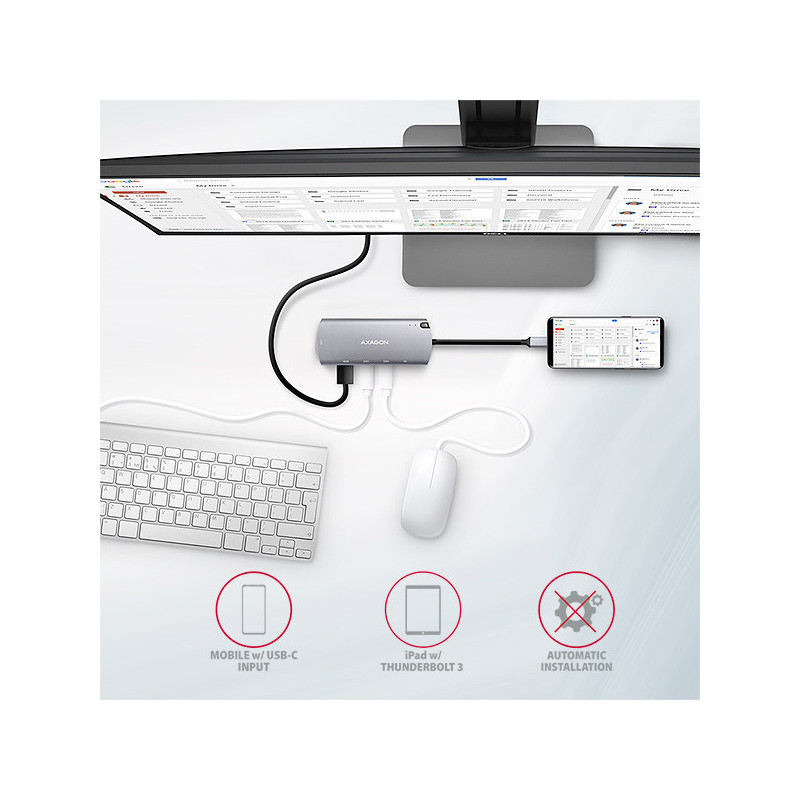 AXAGON HMC-6M2, USB 3.2 Gen 1 hub, 2x USB-A, HDMI, RJ-45 GLAN, SATA M.2, PD 100W, kábel USB-C 18cm