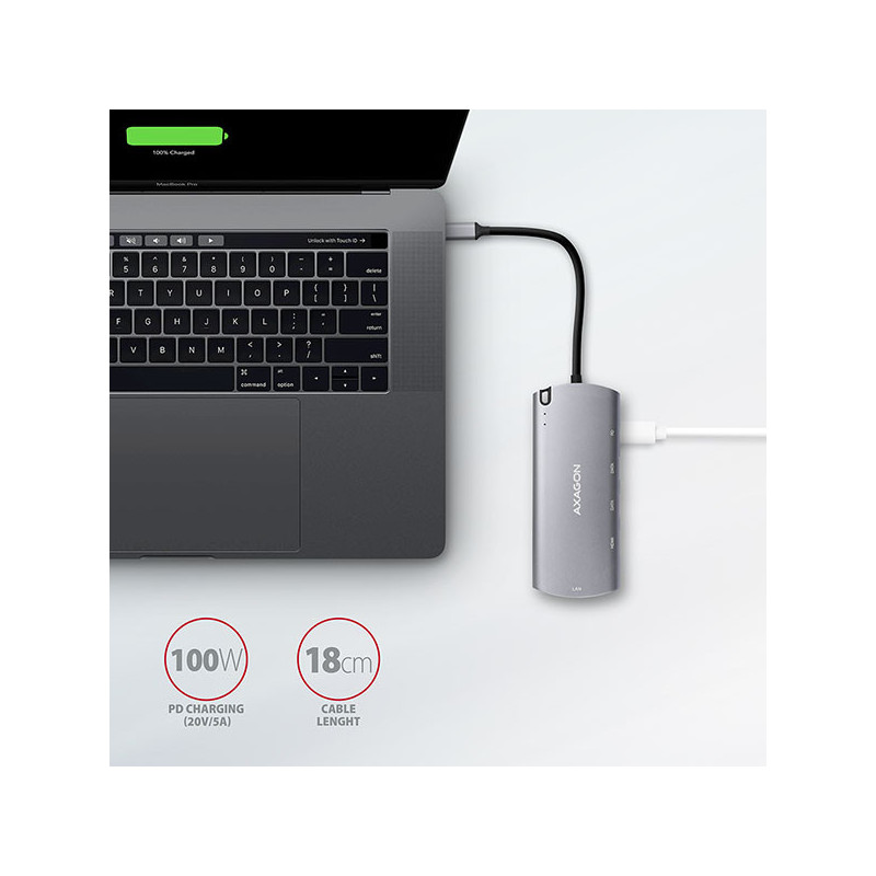 AXAGON HMC-6M2, USB 3.2 Gen 1 hub, 2x USB-A, HDMI, RJ-45 GLAN, SATA M.2, PD 100W, kábel USB-C 18cm