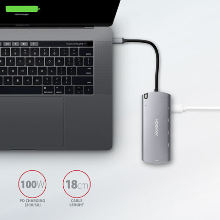 AXAGON HMC-6M2, USB 3.2 Gen 1 hub, 2x USB-A, HDMI, RJ-45 GLAN, SATA M.2, PD 100W, kábel USB-C 18cm