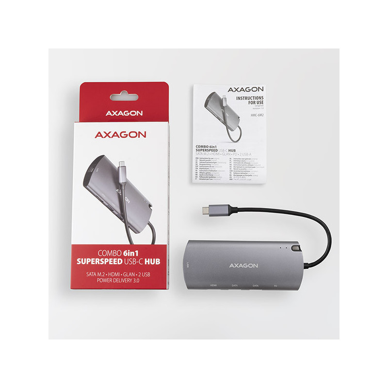 AXAGON HMC-6M2, USB 3.2 Gen 1 hub, 2x USB-A, HDMI, RJ-45 GLAN, SATA M.2, PD 100W, kábel USB-C 18cm