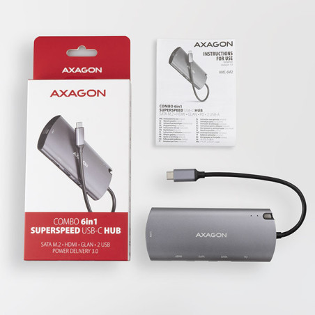 AXAGON HMC-6M2, USB 3.2 Gen 1 hub, 2x USB-A, HDMI, RJ-45 GLAN, SATA M.2, PD 100W, kábel USB-C 18cm