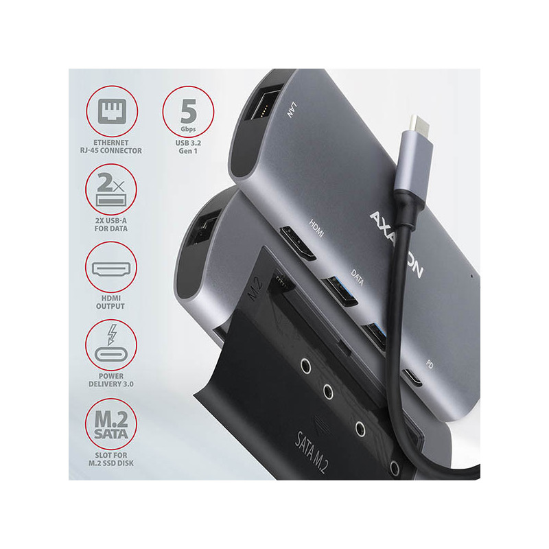 AXAGON HMC-6M2, USB 3.2 Gen 1 hub, 2x USB-A, HDMI, RJ-45 GLAN, SATA M.2, PD 100W, kábel USB-C 18cm