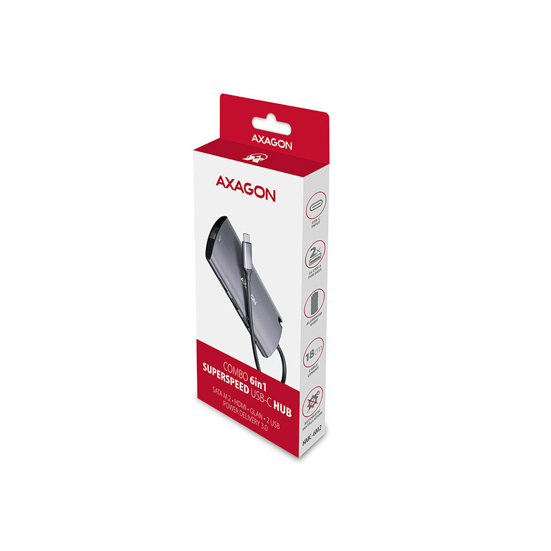 AXAGON HMC-6M2, USB 3.2 Gen 1 hub, 2x USB-A, HDMI, RJ-45 GLAN, SATA M.2, PD 100W, kábel USB-C 18cm