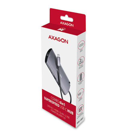 AXAGON HMC-6M2, USB 3.2 Gen 1 hub, 2x USB-A, HDMI, RJ-45 GLAN, SATA M.2, PD 100W, kábel USB-C 18cm