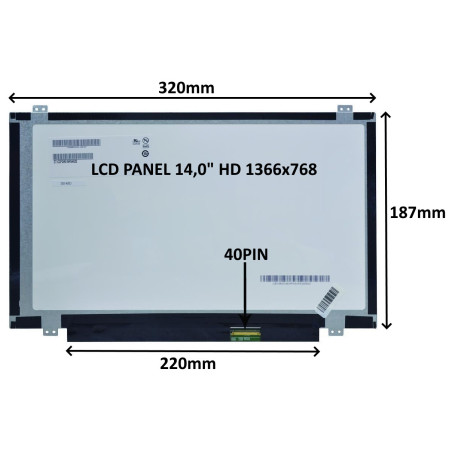 LCD PANEL 14,0" HD 1366x768 40PIN MATNÝ / ÚCHYTY HORE A DOLE