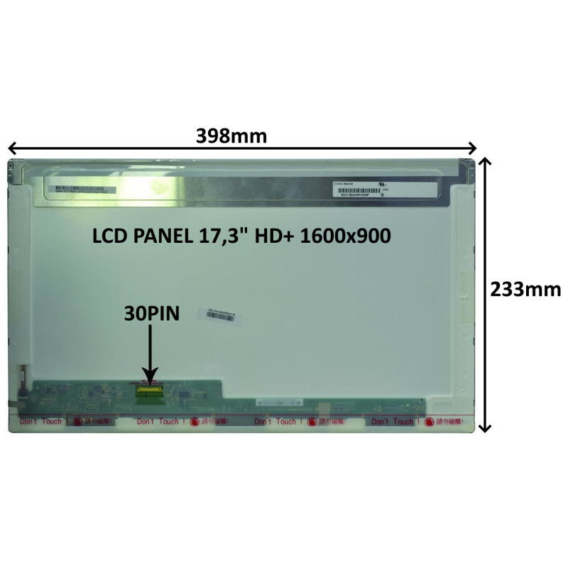 LCD PANEL 17,3" HD+ 1600x900 30PIN LESKLÝ / SKRUTKOVANIE Z BOKOV