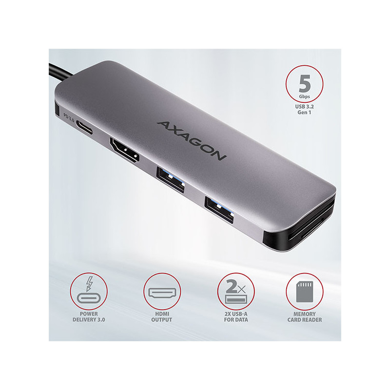 AXAGON HMC-5, USB 3.2 Gen 1 hub, porty 2x USB-A, HDMI, SD/microSD slot, PD 100W, kábel USB-C 20cm