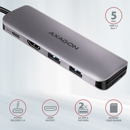 AXAGON HMC-5, USB 3.2 Gen 1 hub, porty 2x USB-A, HDMI, SD/microSD slot, PD 100W, kábel USB-C 20cm