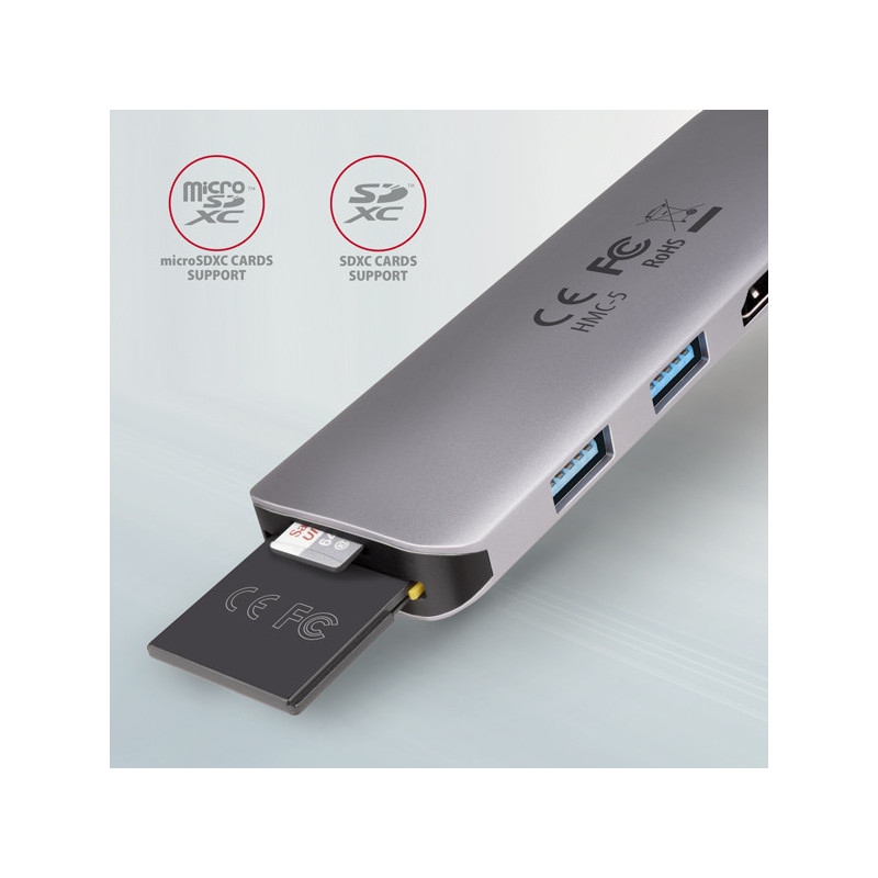 AXAGON HMC-5, USB 3.2 Gen 1 hub, porty 2x USB-A, HDMI, SD/microSD slot, PD 100W, kábel USB-C 20cm