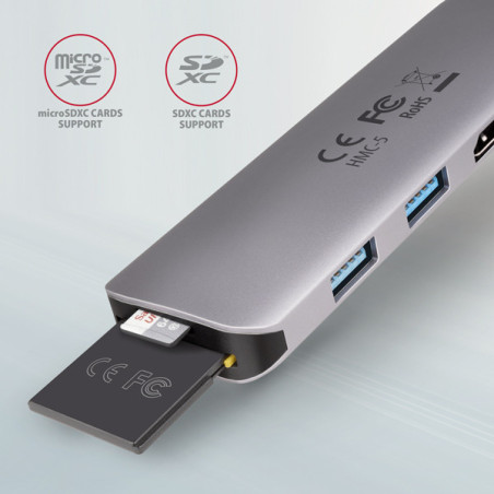 AXAGON HMC-5, USB 3.2 Gen 1 hub, porty 2x USB-A, HDMI, SD/microSD slot, PD 100W, kábel USB-C 20cm