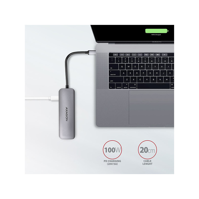 AXAGON HMC-5, USB 3.2 Gen 1 hub, porty 2x USB-A, HDMI, SD/microSD slot, PD 100W, kábel USB-C 20cm